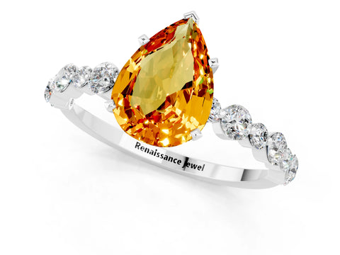 White gold Pear Cut Citrine Prong Set Engagement Ring with Pavé Band_1