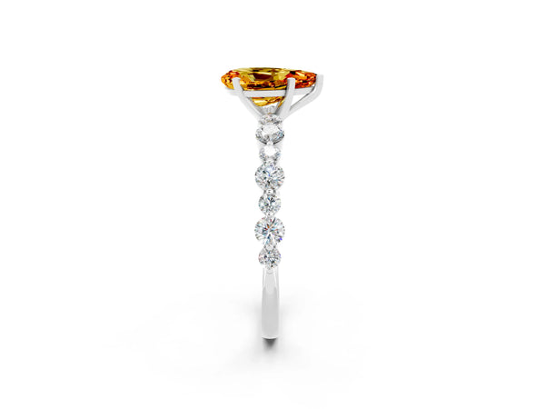 White gold Pear Cut Citrine Prong Set Engagement Ring with Pavé Band