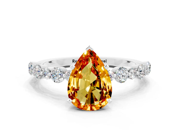 Silver Pear Cut Citrine Prong Set Engagement Ring with Pavé Band