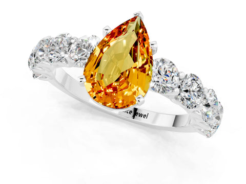 White gold Pear Cut Citrine Prong Setting with Side Stones on a Pave Band_1