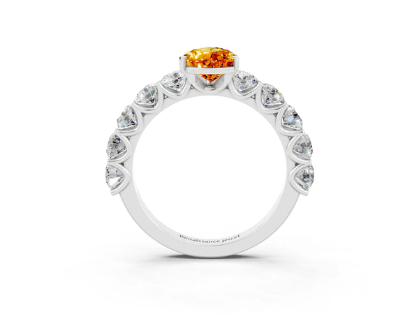 Silver Pear Cut Citrine Prong Setting with Side Stones on a Pave Band