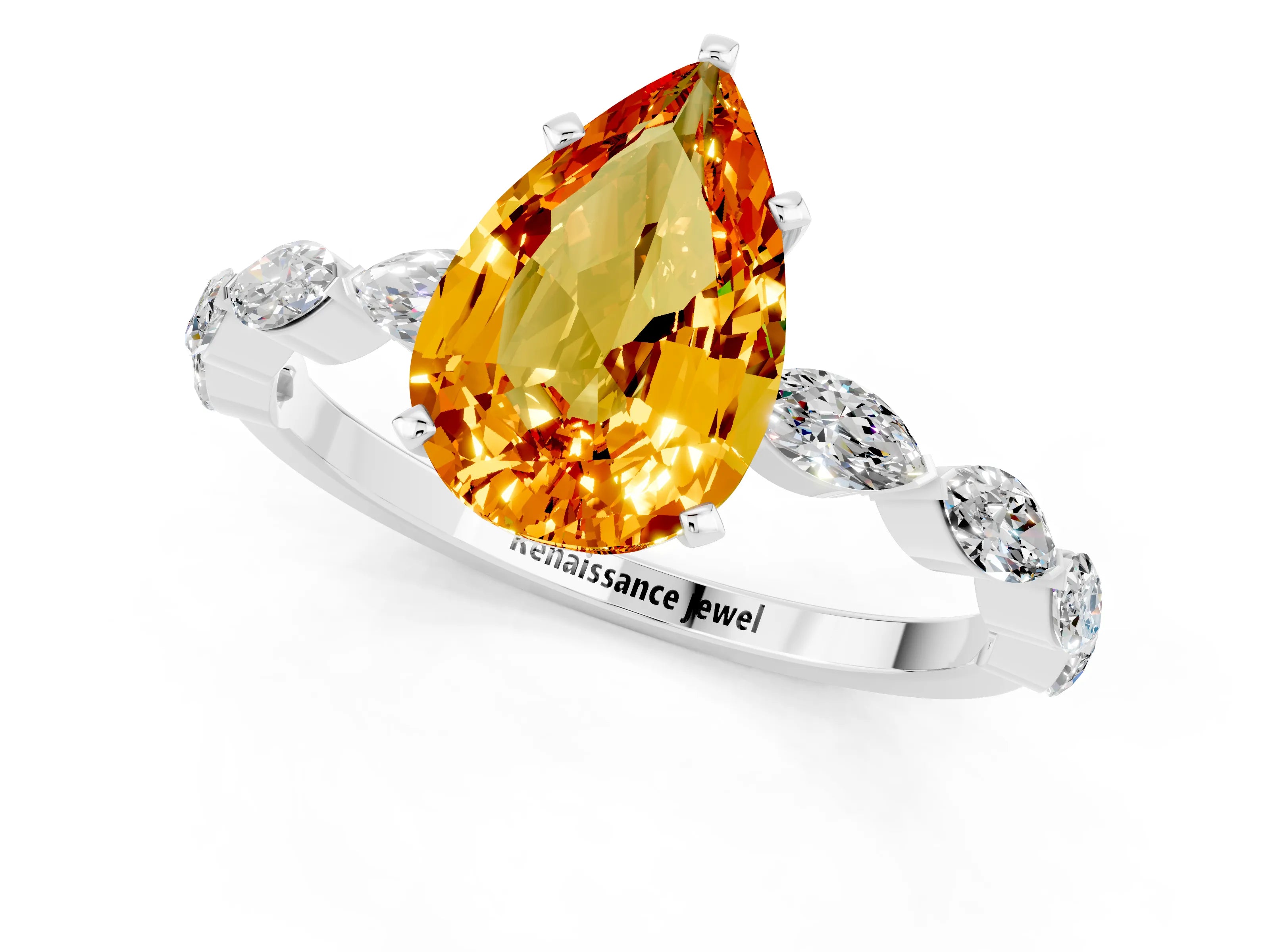 White gold Pear Cut Citrine Ring with Marquise Side Stones and Prong Setting_1