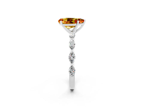 White gold Pear Cut Citrine Ring with Marquise Side Stones and Prong Setting_2