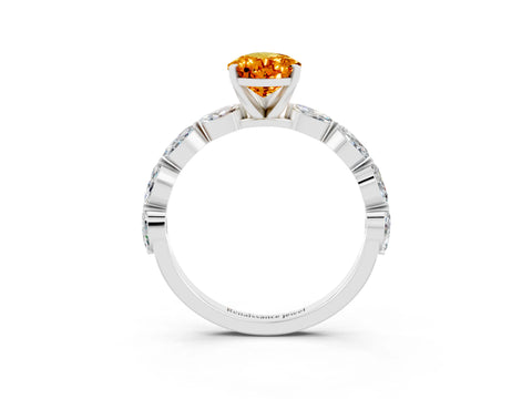 White gold Pear Cut Citrine Ring with Marquise Side Stones and Prong Setting_3