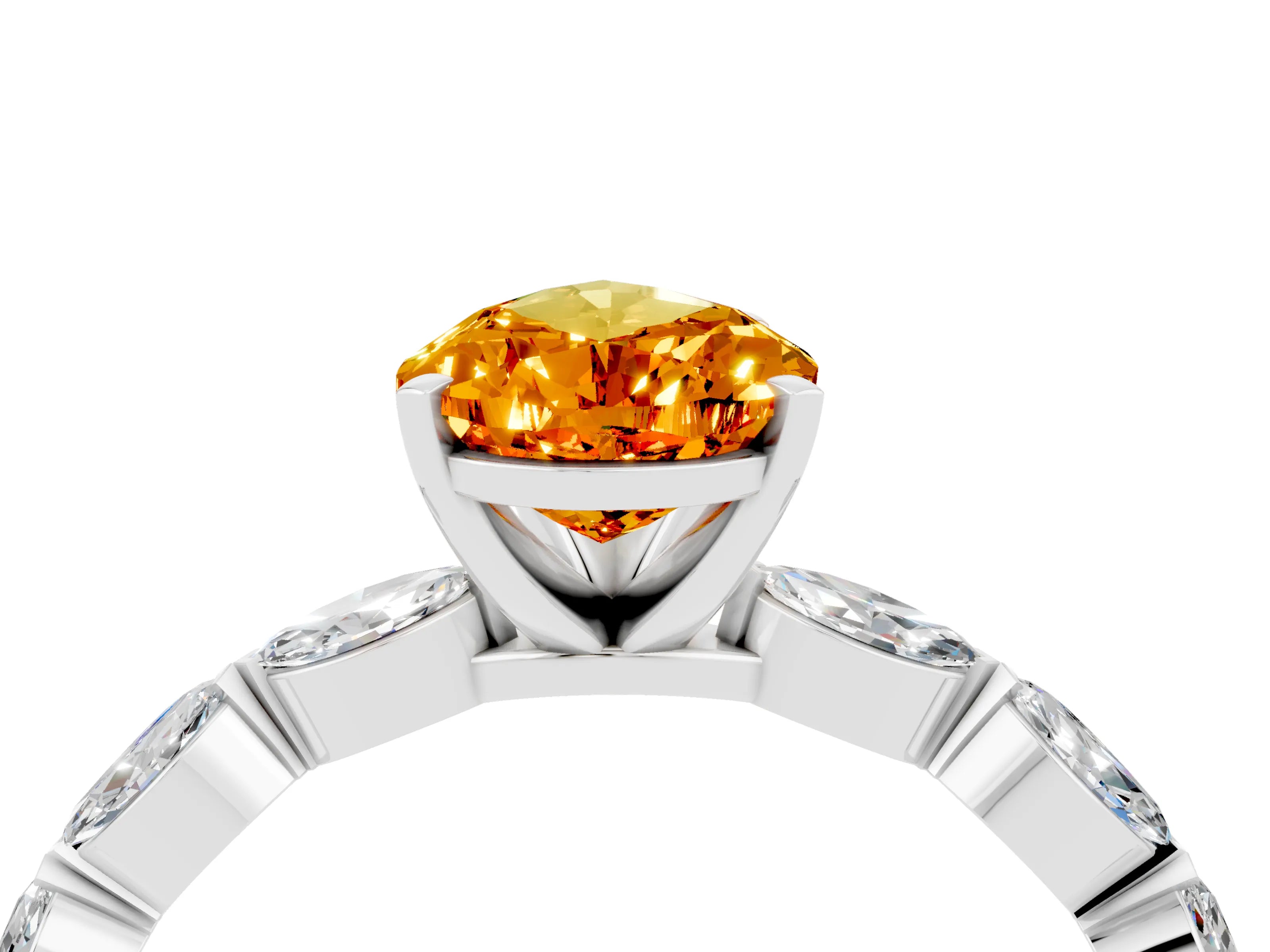 White gold Pear Cut Citrine Ring with Marquise Side Stones and Prong Setting_4