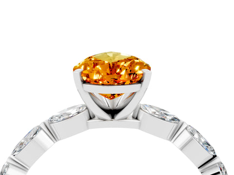 White gold Pear Cut Citrine Ring with Marquise Side Stones and Prong Setting_4