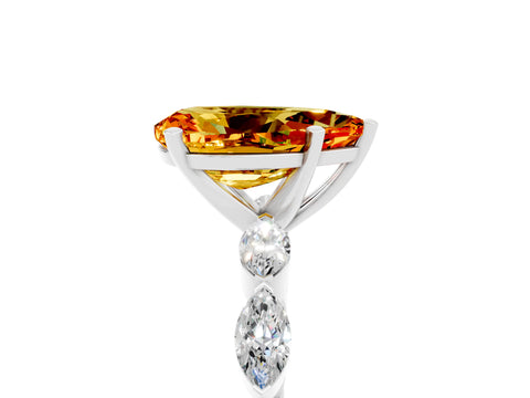 White gold Pear Cut Citrine Ring with Marquise Side Stones and Prong Setting_5