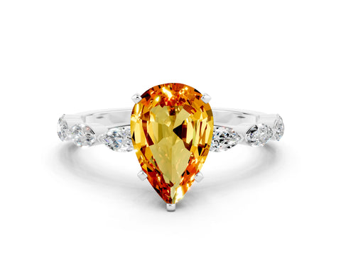 White gold Pear Cut Citrine Ring with Marquise Side Stones and Prong Setting