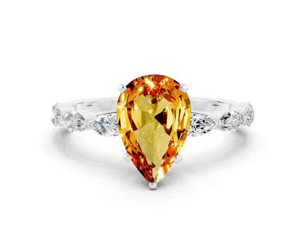 Silver Pear Cut Citrine Ring with Marquise Side Stones and Prong Setting