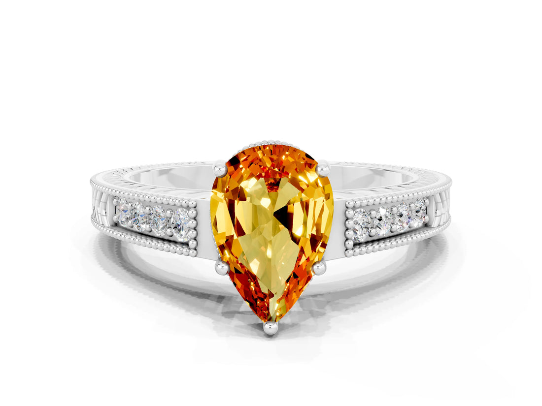 White gold Pear Cut Citrine Ring with Milgrain Pavé Band and Four-Prong Setting_12