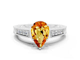 White gold Pear Cut Citrine Ring with Milgrain Pavé Band and Four-Prong Setting_12