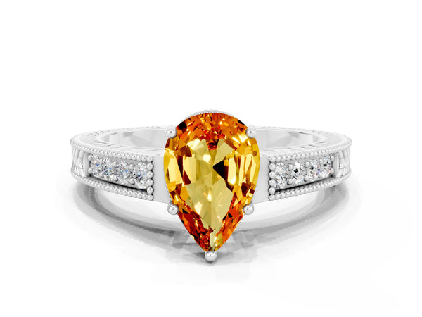 White gold Pear Cut Citrine Ring with Milgrain Pavé Band and Four-Prong Setting