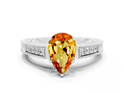 White gold Pear Cut Citrine Ring with Milgrain Pavé Band and Four-Prong Setting_12