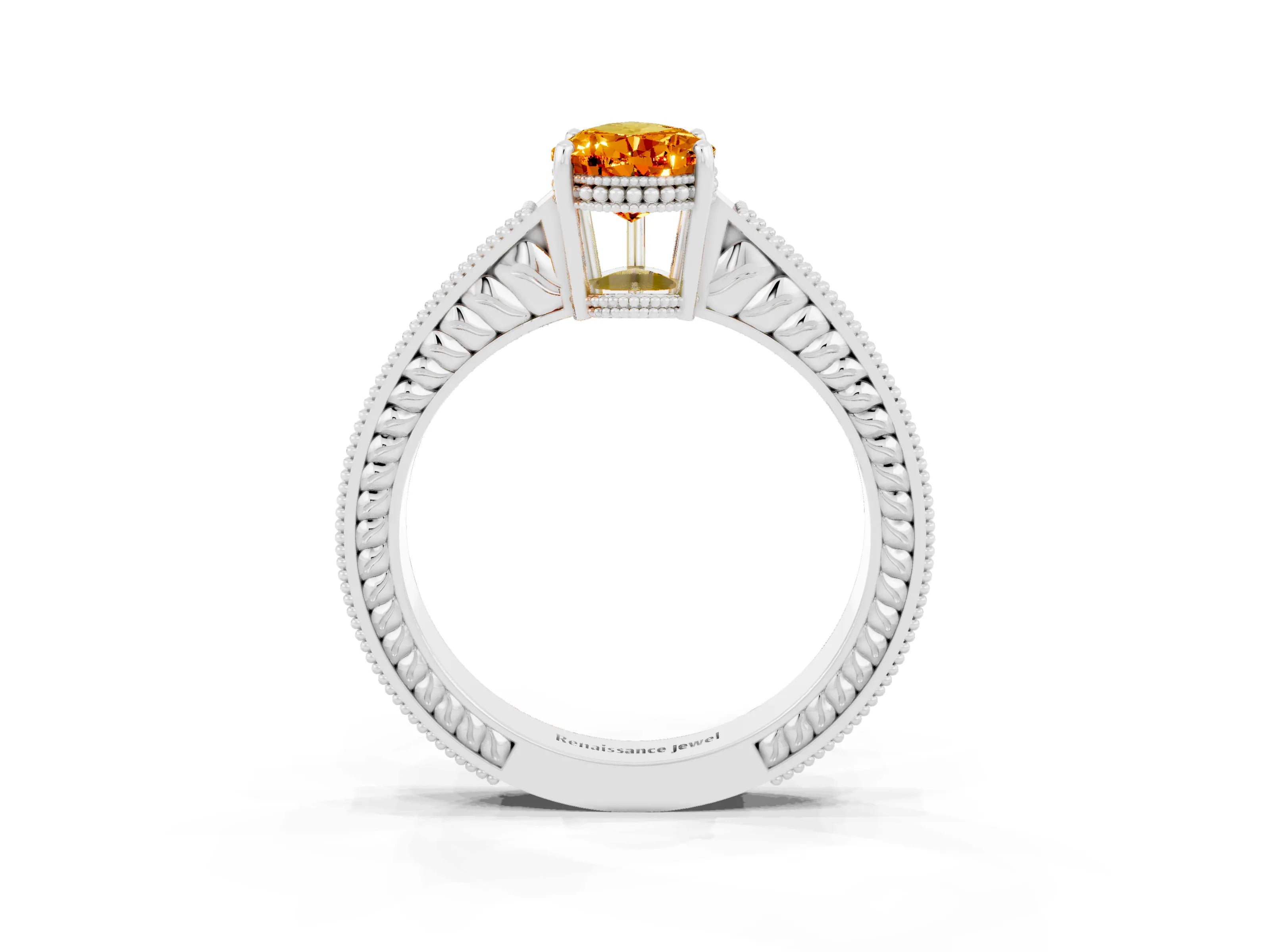White gold Pear Cut Citrine Ring with Milgrain Pavé Band and Four-Prong Setting_15