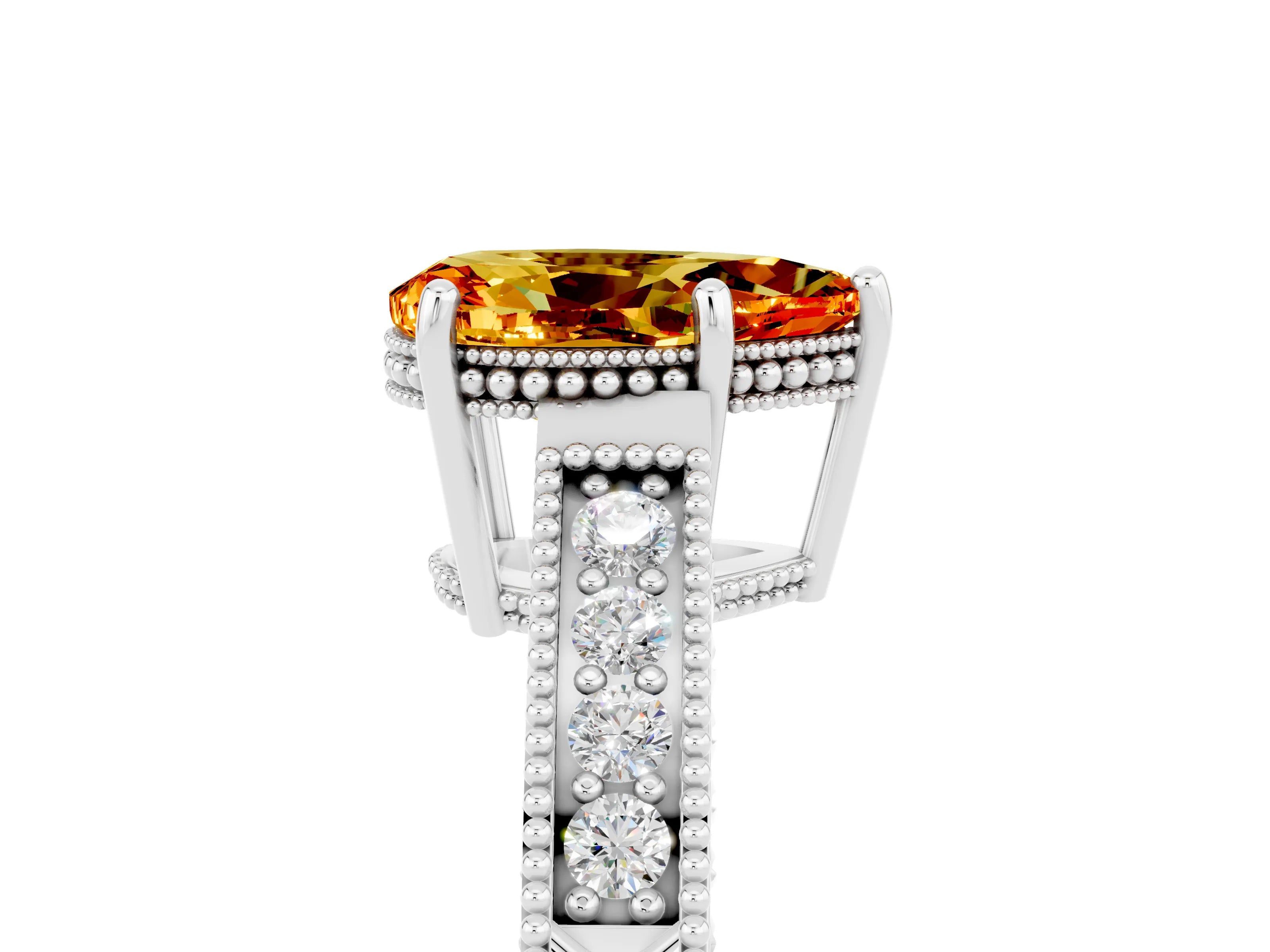 White gold Pear Cut Citrine Ring with Milgrain Pavé Band and Four-Prong Setting_17