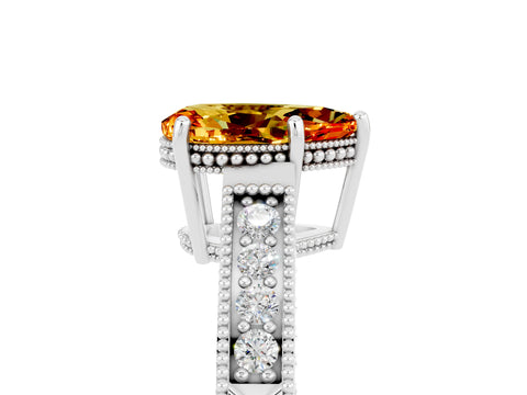 White gold Pear Cut Citrine Ring with Milgrain Pavé Band and Four-Prong Setting_17