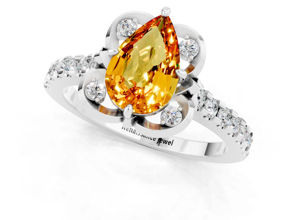 Platinum Pear Cut Citrine Ring with Pavé Band and Floral Prong Setting