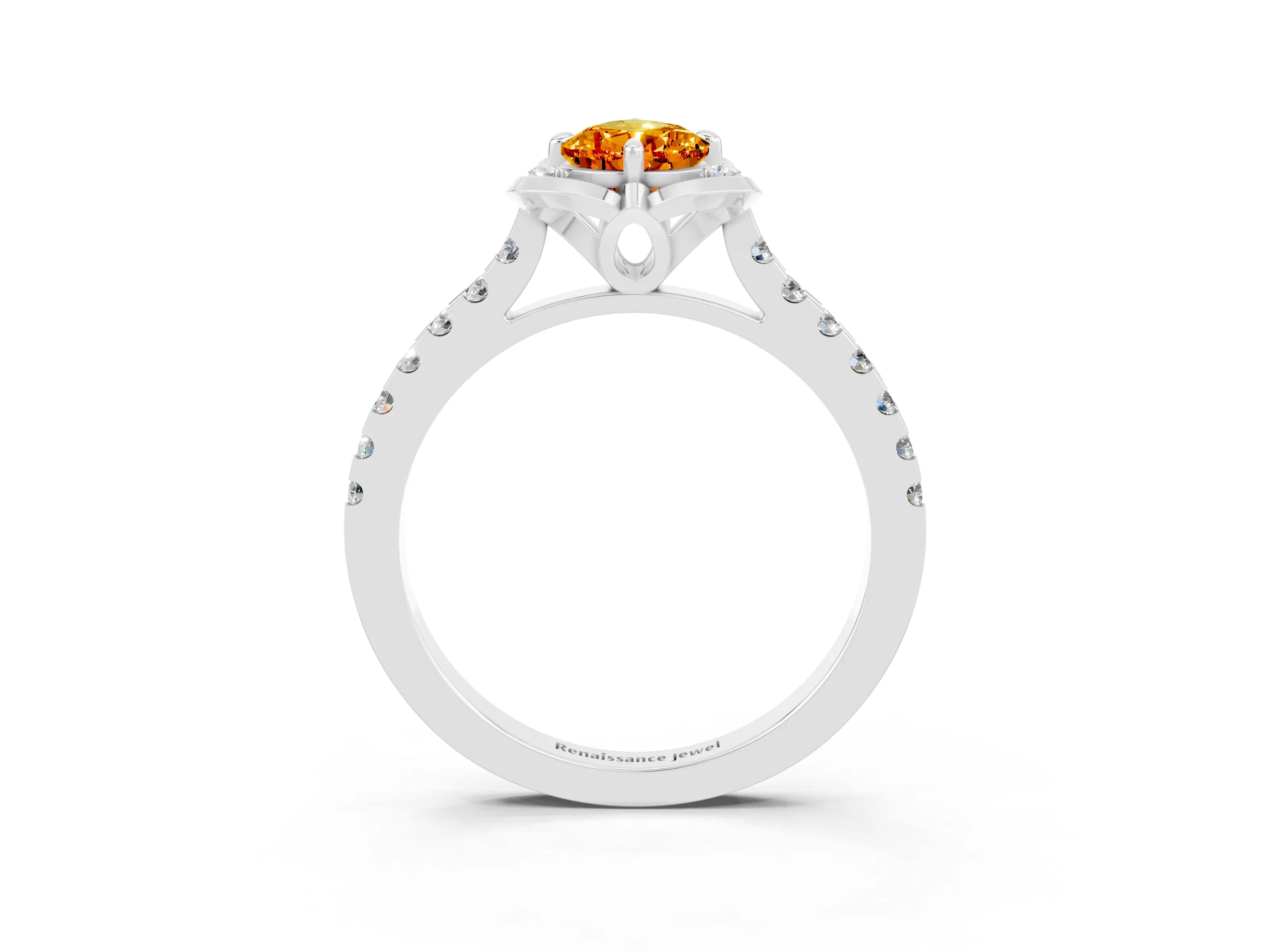 White gold Pear Cut Citrine Ring with Pavé Band and Floral Prong Setting_3