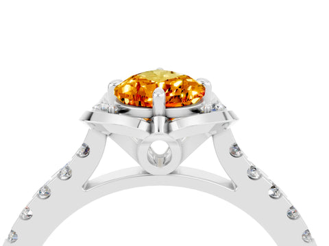 White gold Pear Cut Citrine Ring with Pavé Band and Floral Prong Setting_4