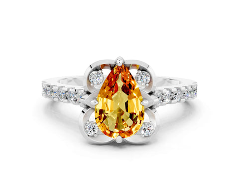 White gold Pear Cut Citrine Ring with Pavé Band and Floral Prong Setting