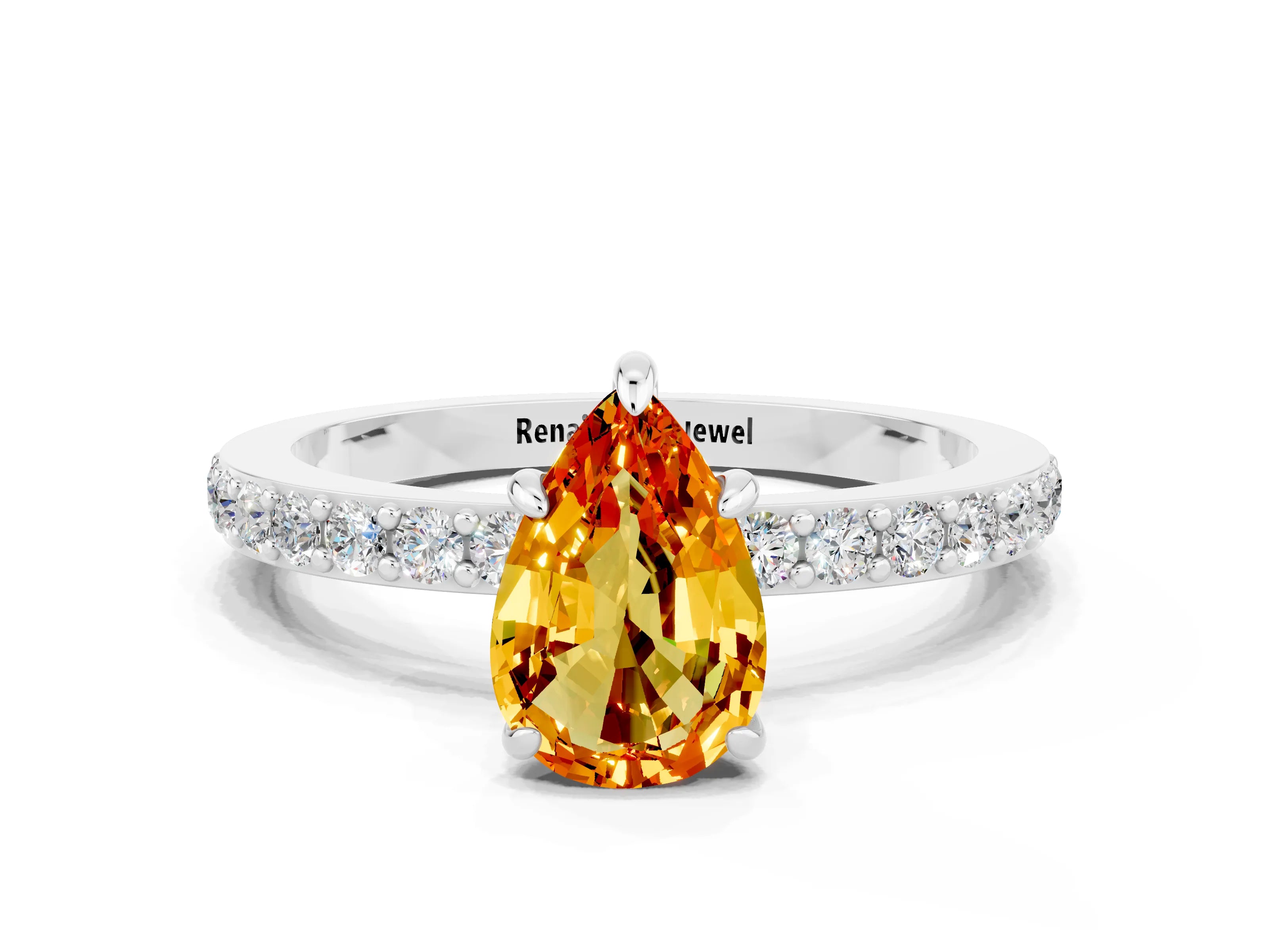 White gold Pear Cut Citrine Ring with Pavé Band and Four-Prong Setting