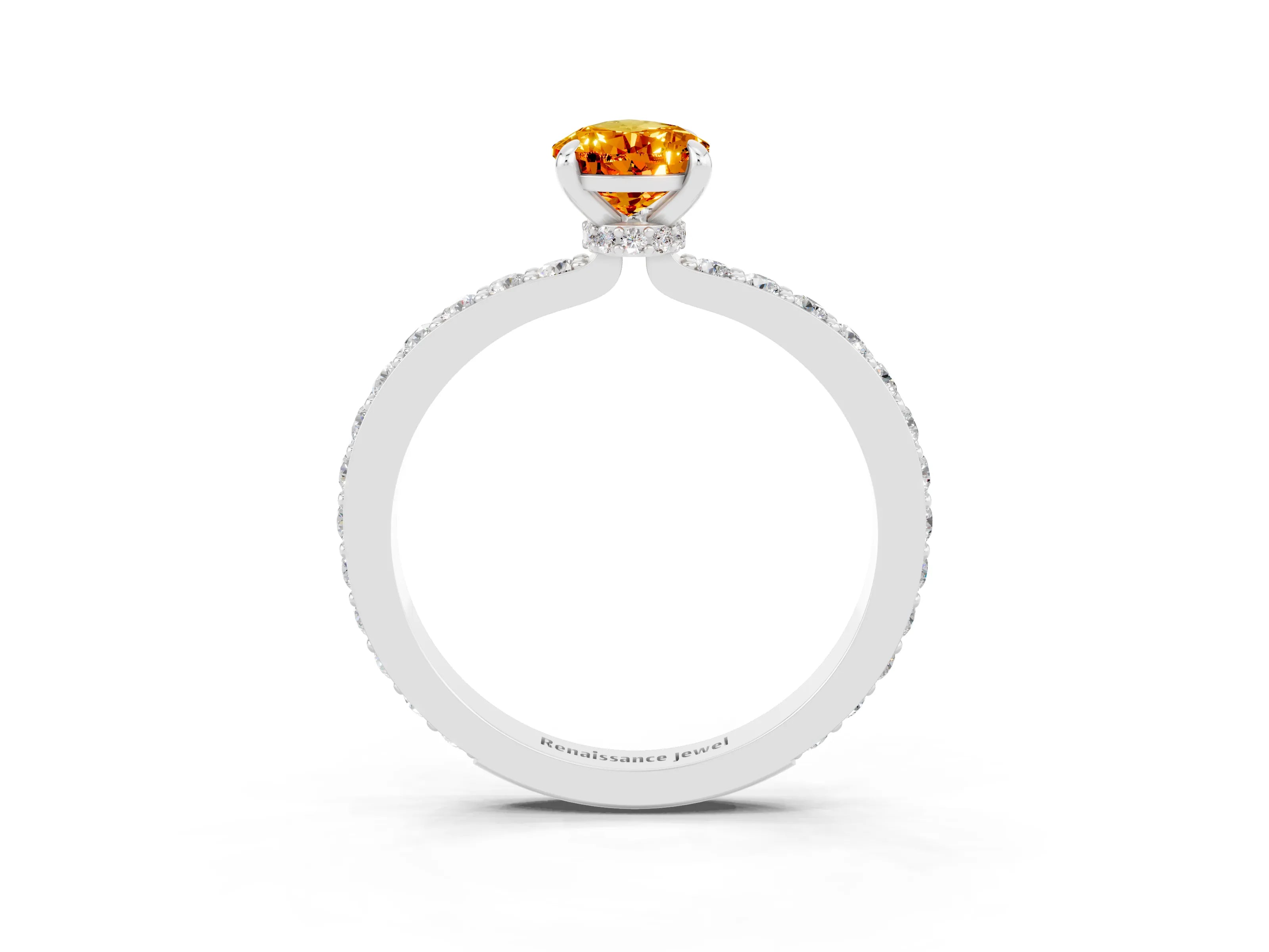 White gold Pear Cut Citrine Ring with Pavé Band and Four-Prong Setting_3
