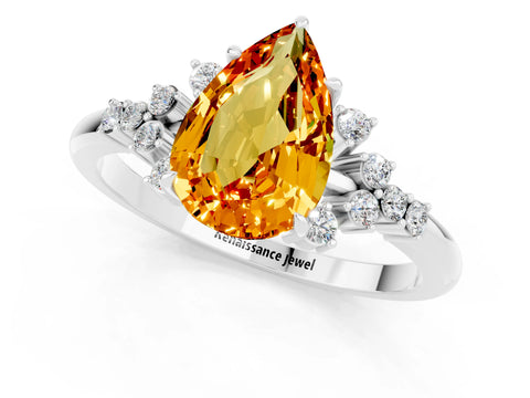 White gold Pear Cut Citrine Ring with Side Stones and Four-Prong Setting_37