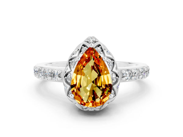 Silver Pear Cut Citrine Scalloped Halo Engagement Ring with Round Shared Prong Band