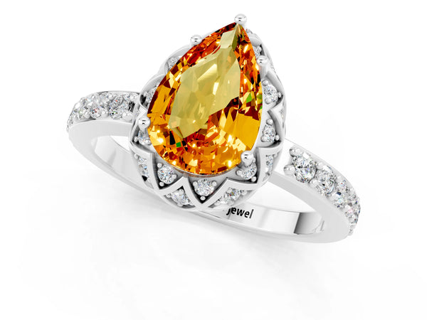 Platinum Pear Cut Citrine Scalloped Halo Engagement Ring with Round Shared Prong Band