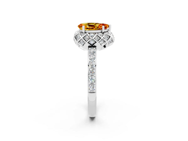 Silver Pear Cut Citrine Scalloped Halo Engagement Ring with Round Shared Prong Band