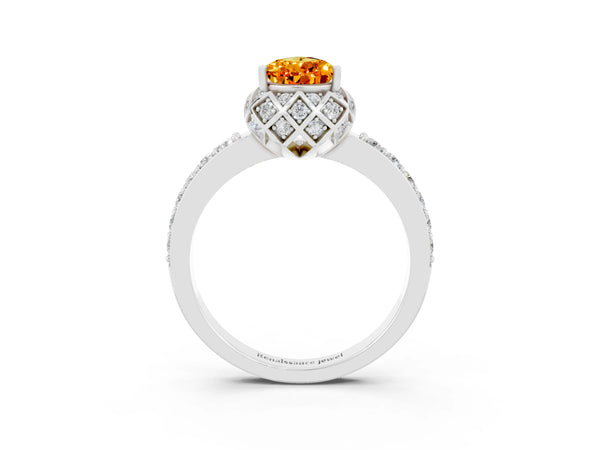 Silver Pear Cut Citrine Scalloped Halo Engagement Ring with Round Shared Prong Band