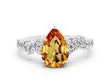 White gold Pear Cut Citrine Scattered Round Accent Ring with Prong Setting_24