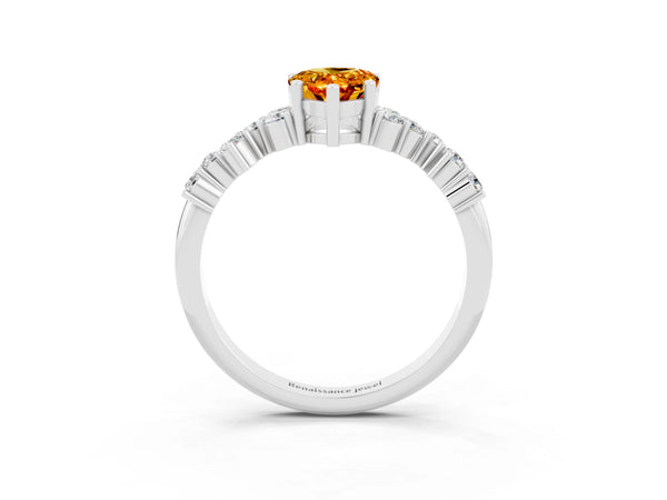 White gold Pear Cut Citrine Scattered Round Accent Ring with Prong Setting