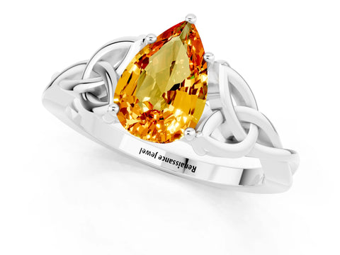 White gold Pear Cut Citrine Solitaire Celtic Knot Ring with Four-Prong Setting_13