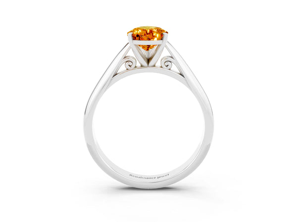 Platinum Pear Cut Citrine Solitaire Engagement Ring with Cathedral Setting and Four-Prong Mount