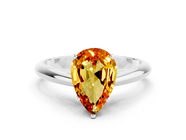 White gold Pear Cut Citrine Solitaire Engagement Ring with Cathedral Setting and Four-Prong Mount
