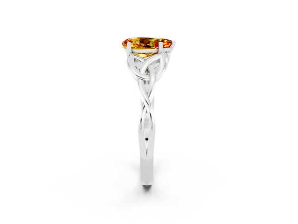 Platinum Pear Cut Citrine Solitaire Engagement Ring with Celtic Knot Band and Four-Prong Setting