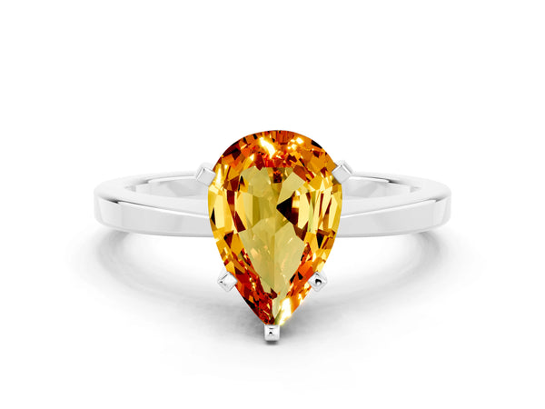 Platinum Pear Cut Citrine Solitaire Engagement Ring with Classic Band and Four-Prong Setting