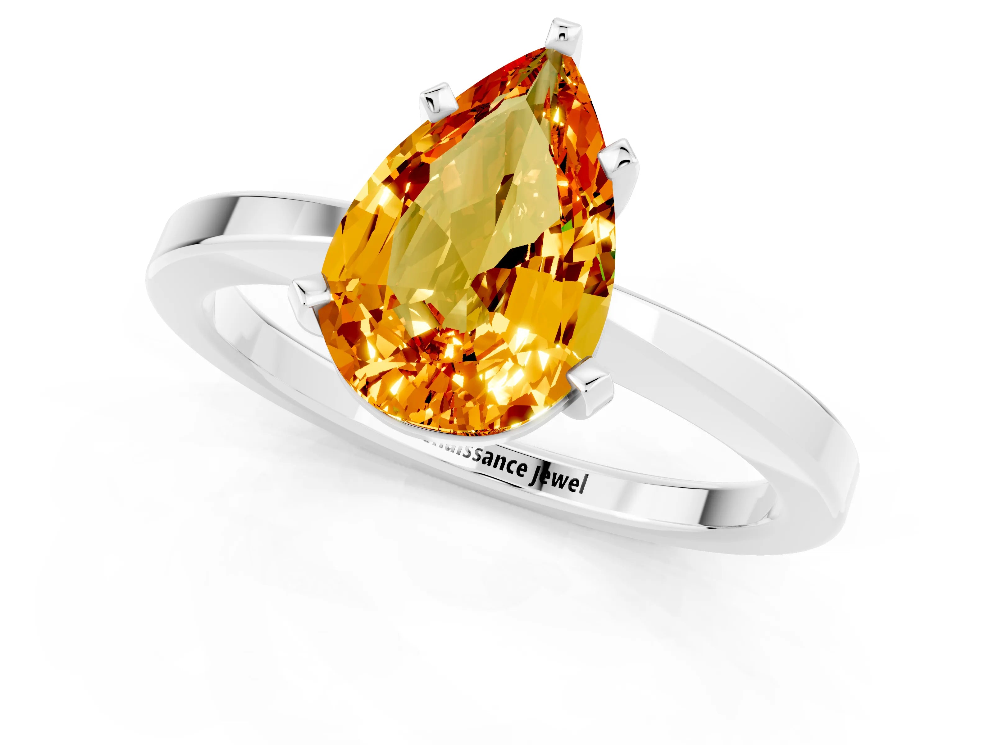 White gold Pear Cut Citrine Solitaire Engagement Ring with Classic Band and Four-Prong Setting_25