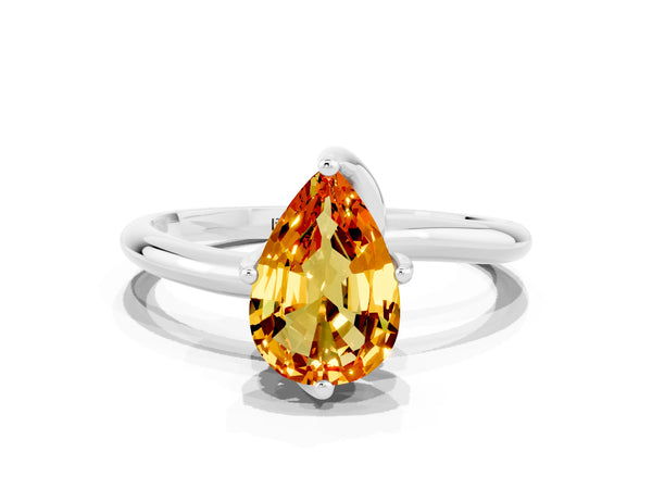 Platinum Pear Cut Citrine Solitaire Engagement Ring with Four-Prong Setting and Classic Band