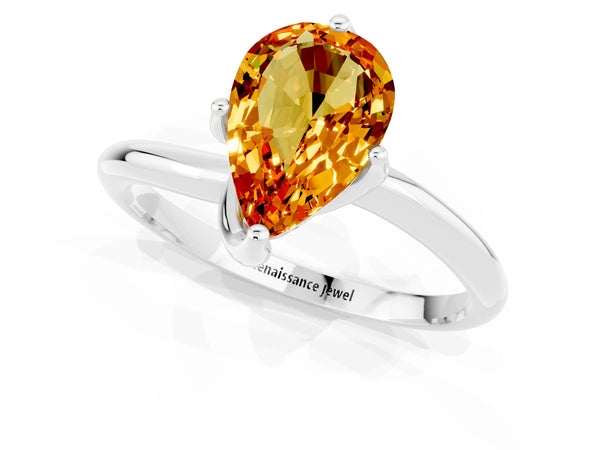 Platinum Pear Cut Citrine Solitaire Engagement Ring with Four-Prong Setting and Classic Band