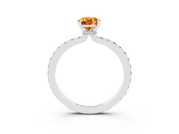 Silver Pear Cut Citrine Solitaire Engagement Ring with Pavé Band and Four-Prong Setting