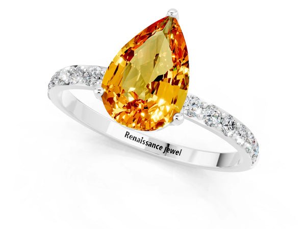 Silver Pear Cut Citrine Solitaire Engagement Ring with Round  Pavé Band and Prong Setting