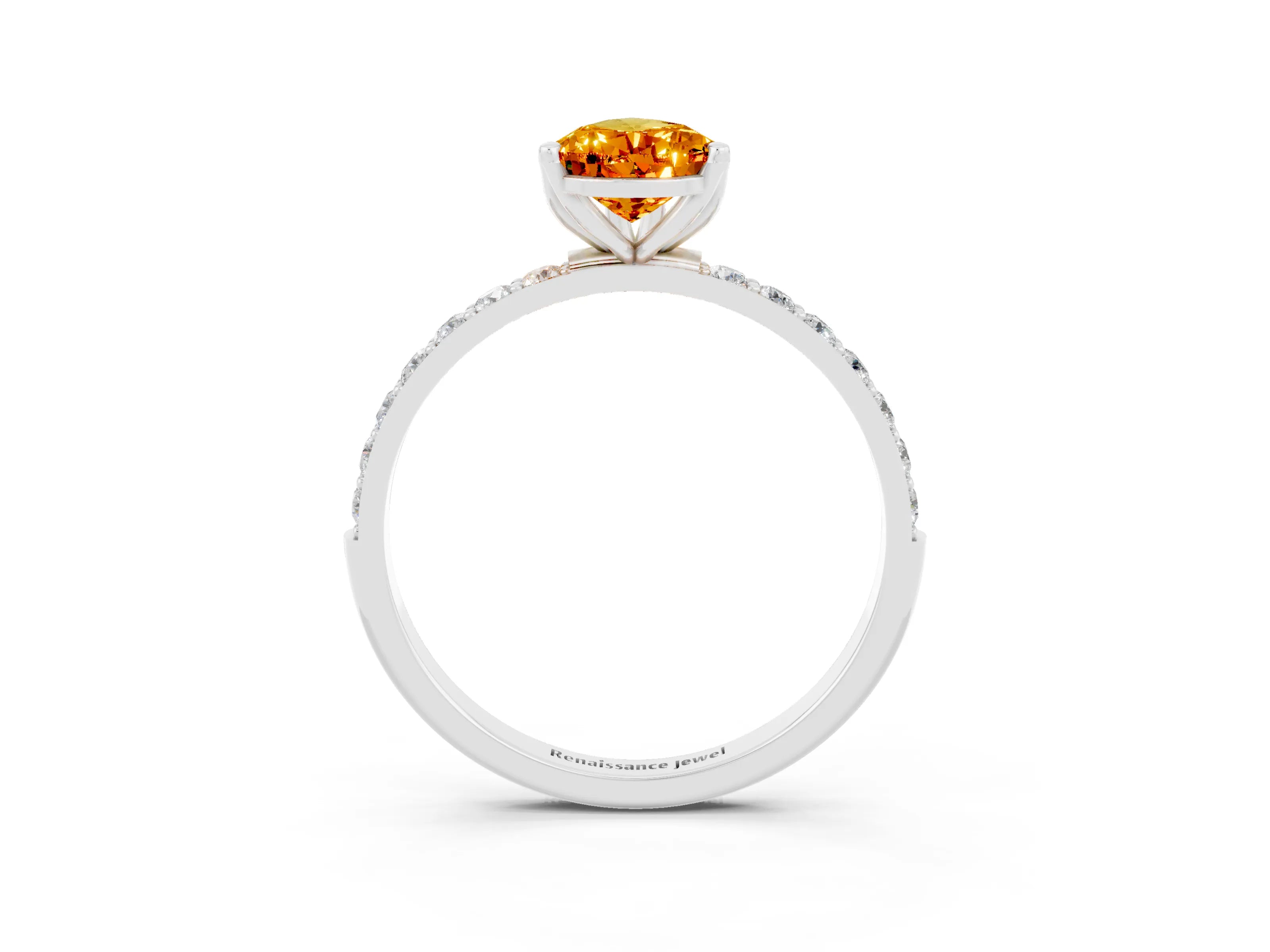 White gold Pear Cut Citrine Solitaire Engagement Ring with Pavé Band and Prong Setting_3