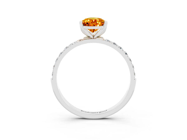 White gold Pear Cut Citrine Solitaire Engagement Ring with Round  Pavé Band and Prong Setting