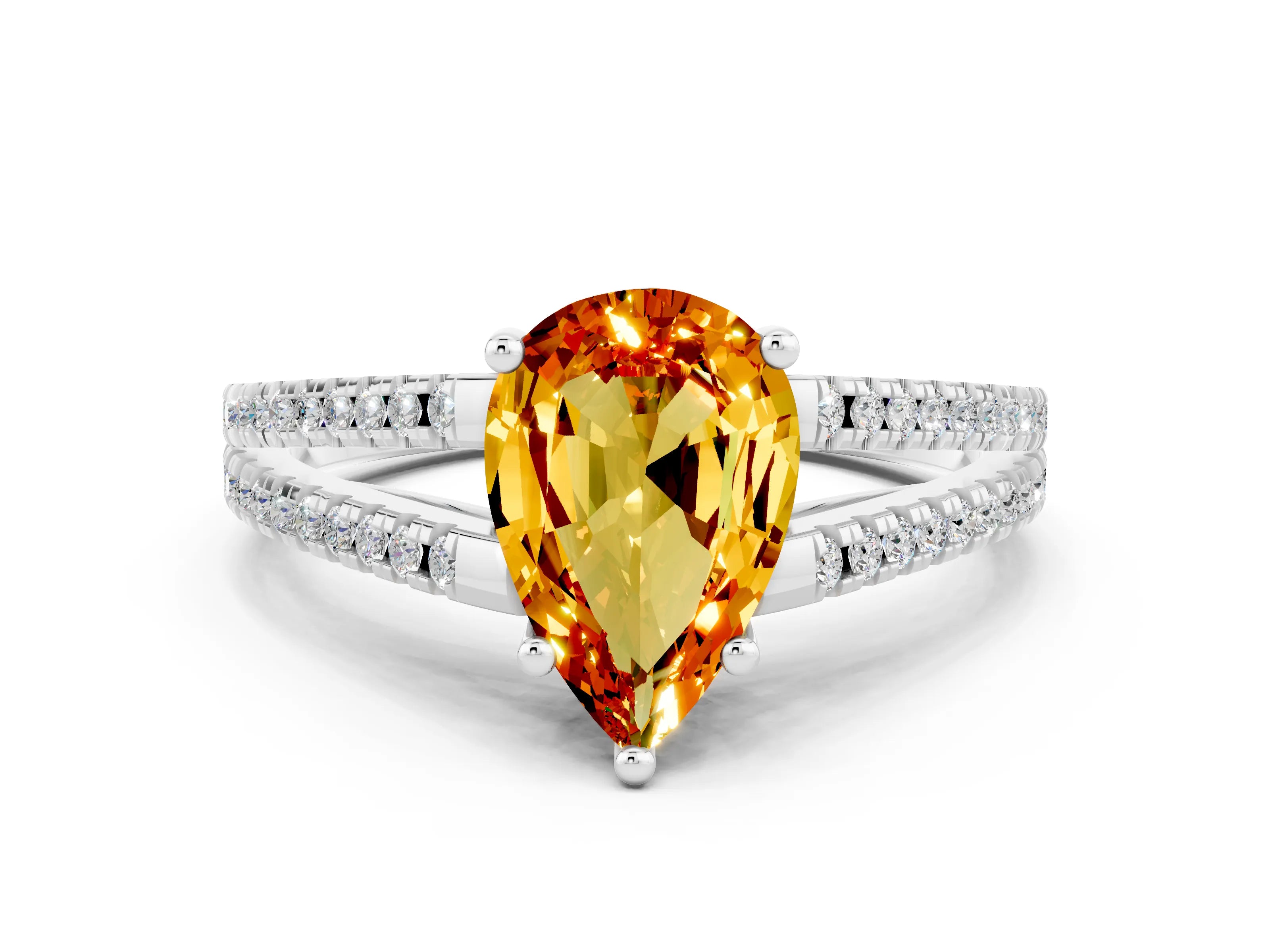 White gold Pear Cut Citrine Solitaire Engagement Ring with Split Shank Pavé Band