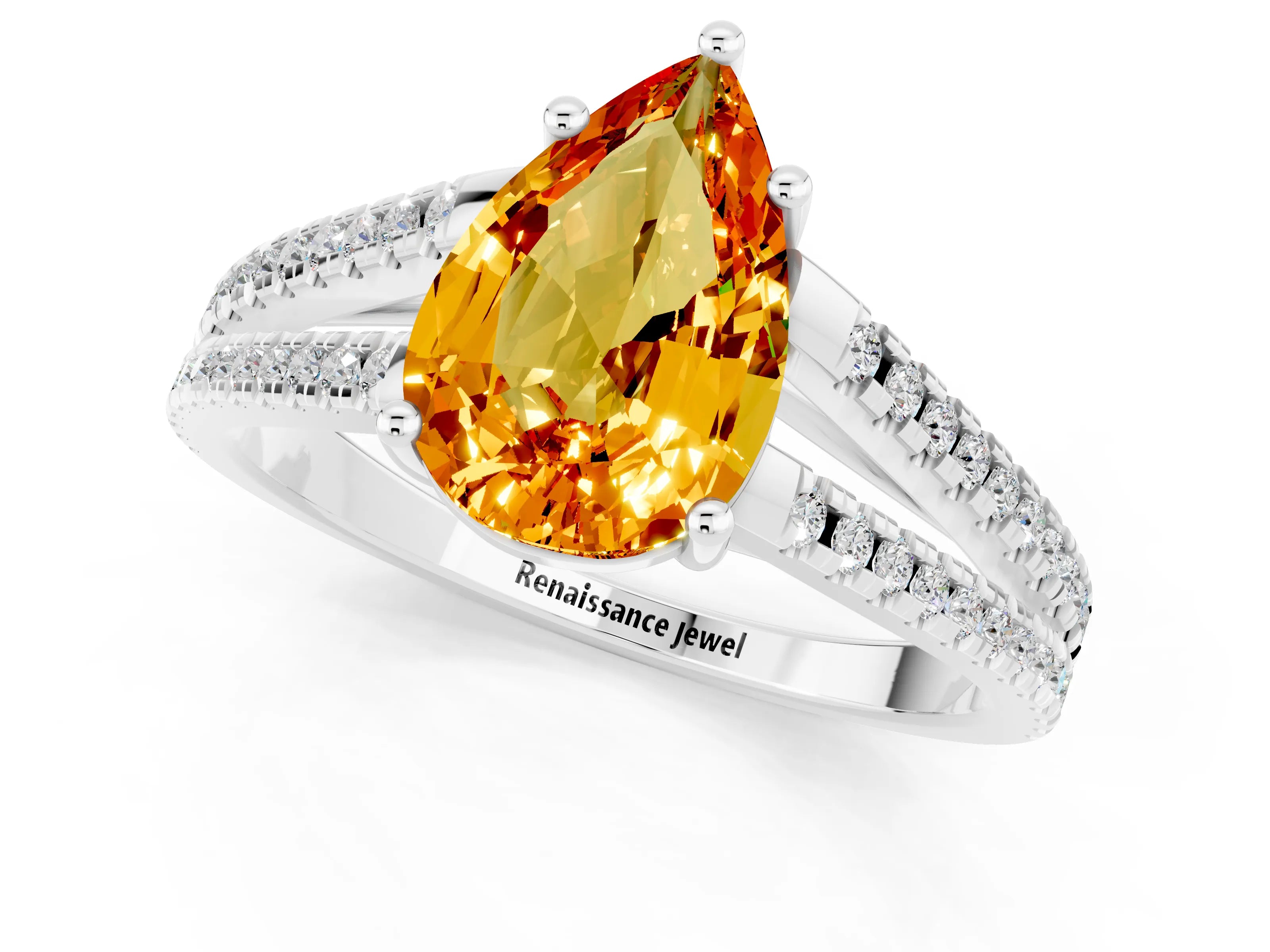 White gold Pear Cut Citrine Solitaire Engagement Ring with Split Shank Pavé Band_1