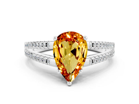 White gold Pear Cut Citrine Solitaire Engagement Ring with Split Shank Pavé Band