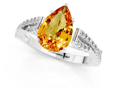 White gold Pear Cut Citrine Solitaire Engagement Ring with Twisted Pavé Band and Four-Prong Setting_1