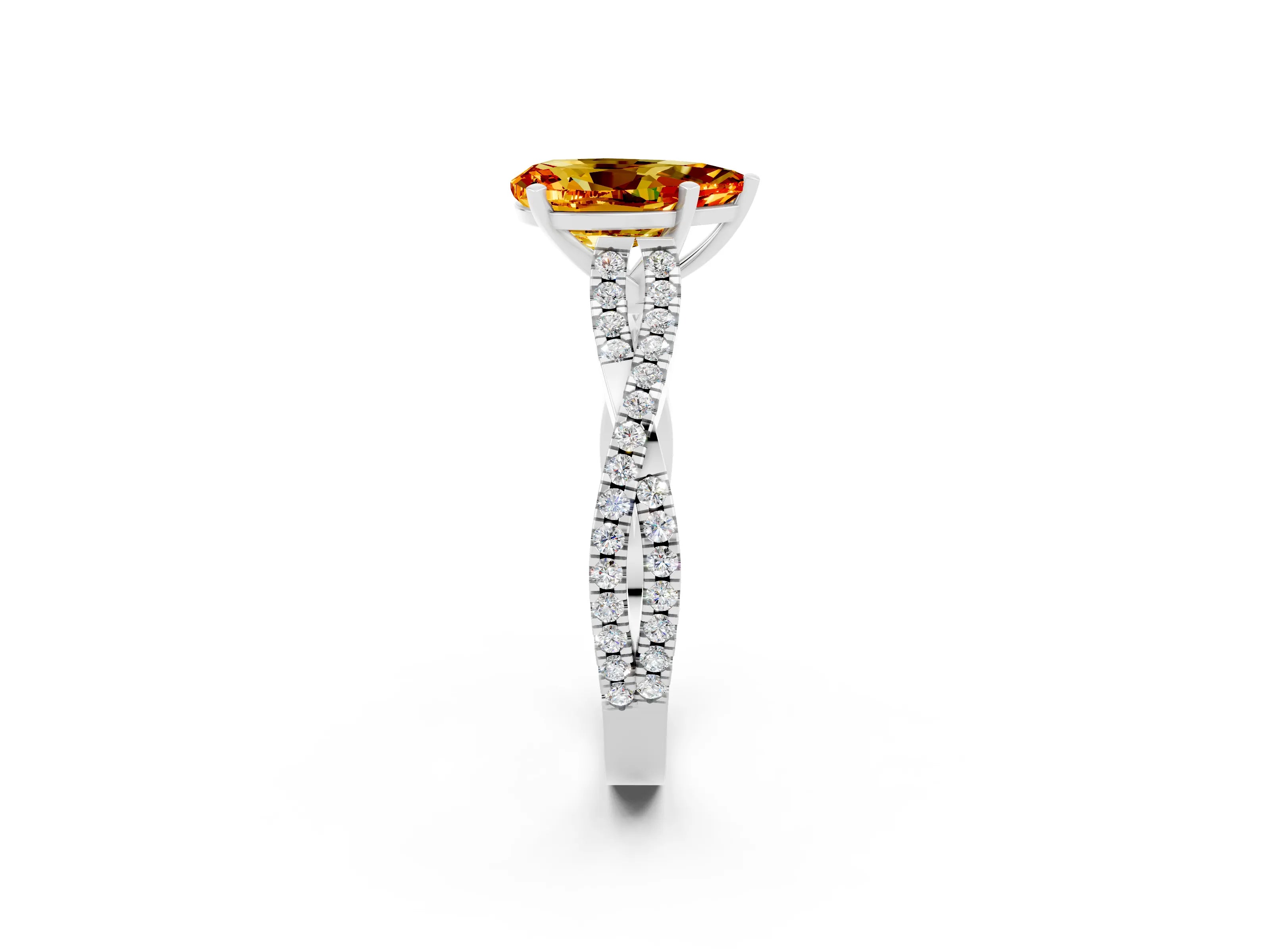 White gold Pear Cut Citrine Solitaire Engagement Ring with Twisted Pavé Band and Four-Prong Setting_2